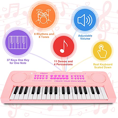 Innedu Mini teclado de piano de juguete, teclado musical de 37 teclas con sonidos de animales, canciones de demostración,batería y tempo,micrófono,teclado de piano musical portátil para niños pequeños