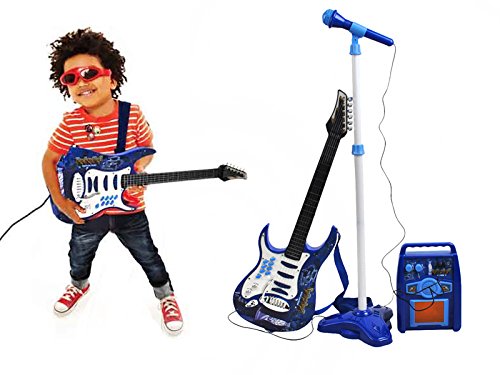 ISO TRADE Juego de Guitarra eléctrica + Amplificador + micrófono con Soporte Azul para niños a Pilas 1554