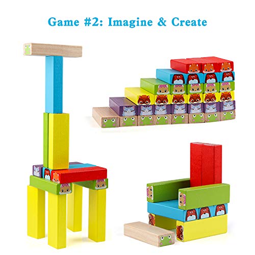 Jacootoys Juguete de Torre de Bloques de Madera Animales 3 en 1, 54 Piezas Juego de Mesa Educativo para Niños Niñas