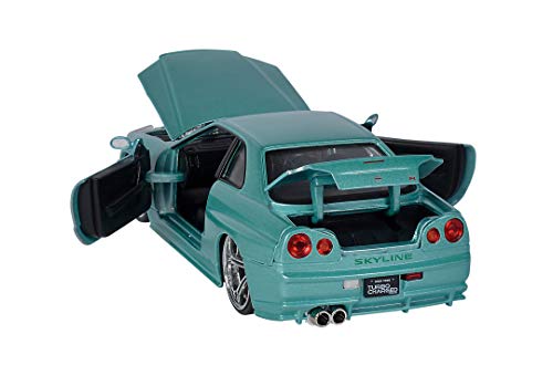 Jada Toys 253203066 Fast & Furious Brian 's Nissan Skyline, 2002, GTR (R34), Puerta abatible, Maletero y capó, Coche de Juguete, Escala 1:24, Color Plateado
