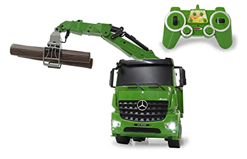 Jamara- Camión Mercedes-Benz Arocs 1:20 2,4 GHz – 4 WD, grúa controlable Mediante transmisor, Sonidos realistas desconectables, luz Intermitente, Incluye Troncos de Madera, Color Verde (404935)
