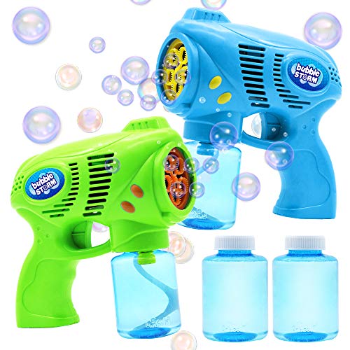 JOYIN 2 Pistola de Burbujas para Niños con 2 Botellas de Solución de Recarga de Burbujas(10 oz en Total) Máquina de Burbujas para Regalos de Fiesta, Juguete de Verano, Actividad al Aire Libre