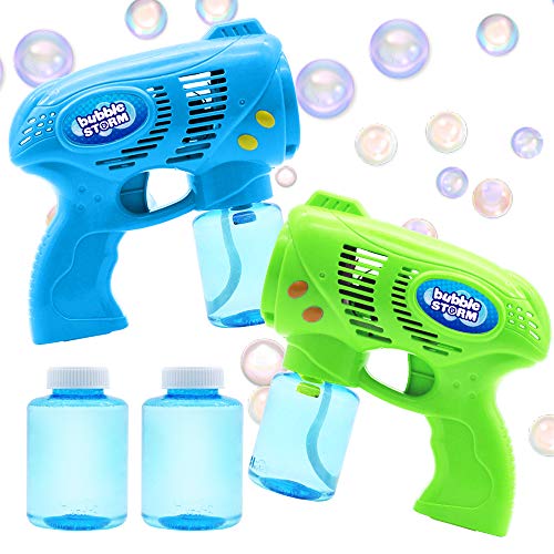 JOYIN 2 Pistola de Burbujas para Niños con 2 Botellas de Solución de Recarga de Burbujas(10 oz en Total) Máquina de Burbujas para Regalos de Fiesta, Juguete de Verano, Actividad al Aire Libre