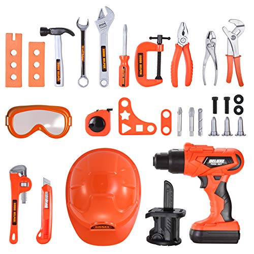 JOYIN Juego de 32 Herramientas Mochila de Herramientas de construcción para niños, con Juguete de Taladro de energía eléctrica, Casco de construcción, y Otros Accesorios