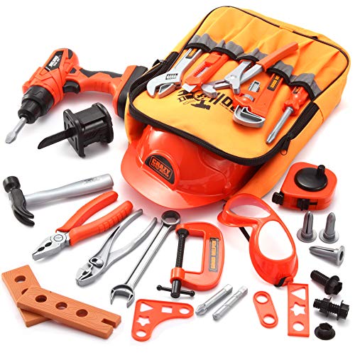 JOYIN Juego de 32 Herramientas Mochila de Herramientas de construcción para niños, con Juguete de Taladro de energía eléctrica, Casco de construcción, y Otros Accesorios