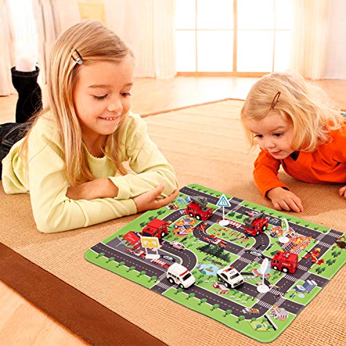 Juguetes para camiones de bomberos, vehículos de juego para niños con tapete de juego, 6 motores de bomberos, mini juguetes para coche, regalo de fiesta de cumpleaños de Navidad