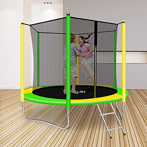 JUJIN - Cama elástica para niños (8 pies/244 cm, con red de seguridad y escalera de trampolín, color amarillo/azul