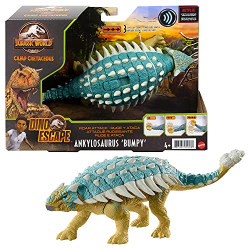 Jurassic World Ataque Rugido Ankylosaurus Dinosaurio articulado con sonidos, figura de juguete para niños Mattel GWY27