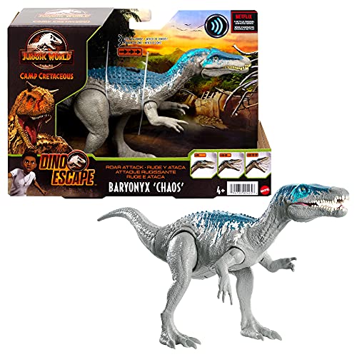 Jurassic World Ataque Rugido Baryonyx caos Dinosaurio articulado con sonidos, figura de juguete para niños (Mattel HBX37)