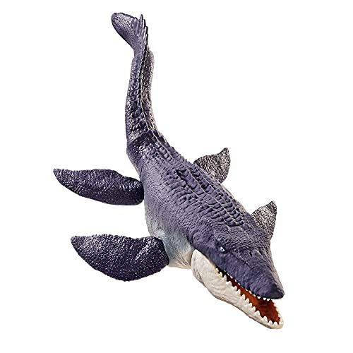 Jurassic World Mosasaurus defensor del océano Dinosaurio articulado hecho con plastico reciclado, figura de juguete para niños (Mattel HCB04)