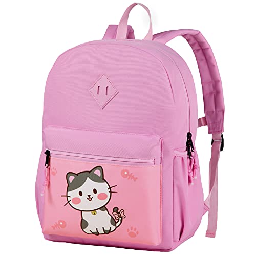 Kasgo Mochila Niña, Ligera Mochila Infantil Mochila Preescolar Impermeable Mochila Guardería Linda Mochila para Niños y Niñas con Correa Pecho Viaje Diario Gatito Rosa