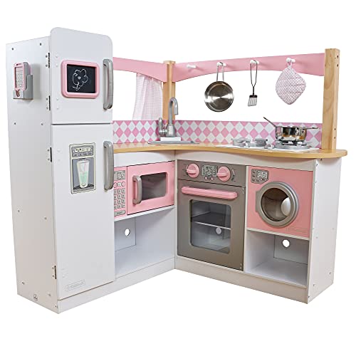 KidKraft- Cocina de juguete de madera para niños con accesorios para juegos de dramatización incluidos Grand Gourmet Corner , Color Rosa y blanco (53185)