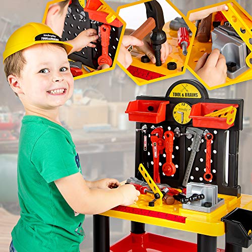 Kinderplay Banco Herramientas Juguete Y Casco Tool& Brains - Taller Mecanico Juguete, Juego de Imitación Actividad Infantil Conjunto Banco de Trabajo, KP2646