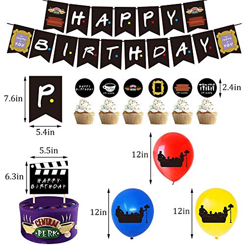 Kit de decoración de cumpleaños con temática de amigos, pancartas de feliz cumpleaños, globos de confeti, decoración para tartas, cupcakes, pegatinas de bricolaje, amigos, programa de televisión, sumi