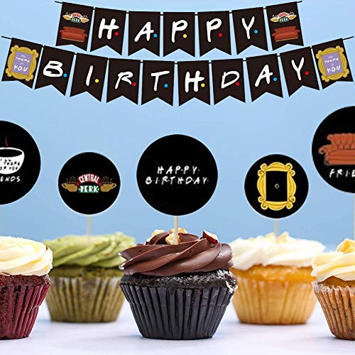 Kit de decoración de cumpleaños con temática de amigos, pancartas de feliz cumpleaños, globos de confeti, decoración para tartas, cupcakes, pegatinas de bricolaje, amigos, programa de televisión, sumi