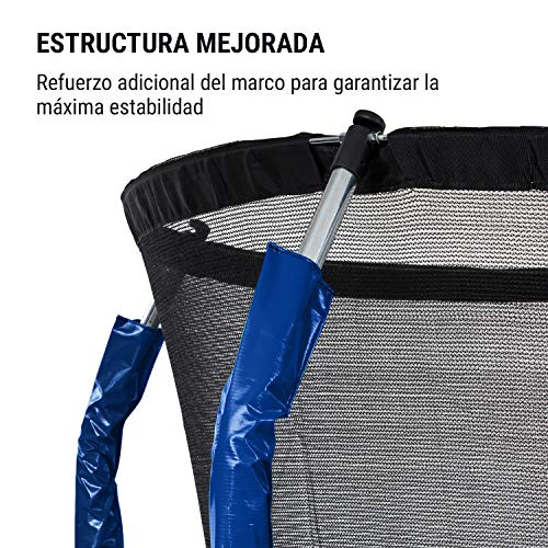 Klarfit Jumpstarter - Cama elástica, Superficie Salto 1,95 m, Certificado Intertek, Red de Seguridad Interior, Carga máx. 120 kg, 3 Patas Dobles, Escalera de Acero galvanizado, Acolchado, Azúl Marino