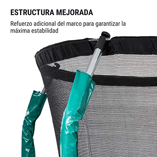 Klarfit Jumpstarter - Cama elástica, Superficie Salto 1,95 m, Certificado Intertek, Red de Seguridad Interior, Carga máx. 120 kg, 3 Patas Dobles, Escalera de Acero galvanizado, Acolchado, Verde