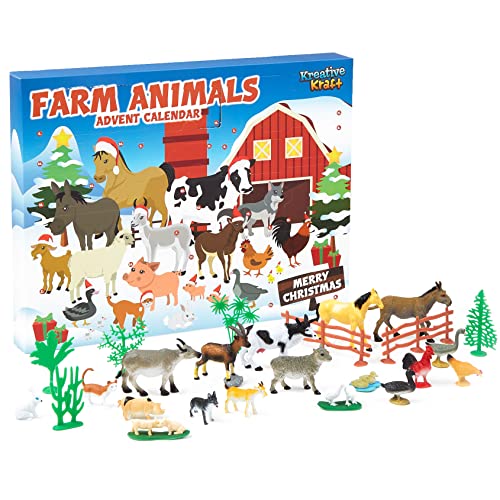 KreativeKraft Calendario Adviento Animales de Granja, Calendario de Adviento para Niños 2021 Incluye 24 Animales Juguetes, Advent Calendar Navidad