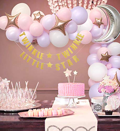 Kreatwow Twinkle Baby Shower, Decoraciones de cumpleaños para niña - Guirnalda de Globos de Luna y Estrella Blanca y Rosa, Pancarta Dorada Twinkle Little Star