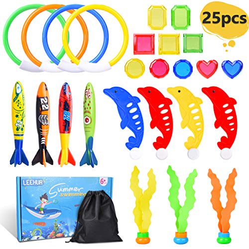 LEEHUR Juguete de Buceo Juguete de Piscina para Niños, Juguete Acuático de Natación, Conjuntos de Juegos de Agua con Bolsa de Cuerdas, Juguete Aventura Subacuática para Verano Divertido - 25 Pcs