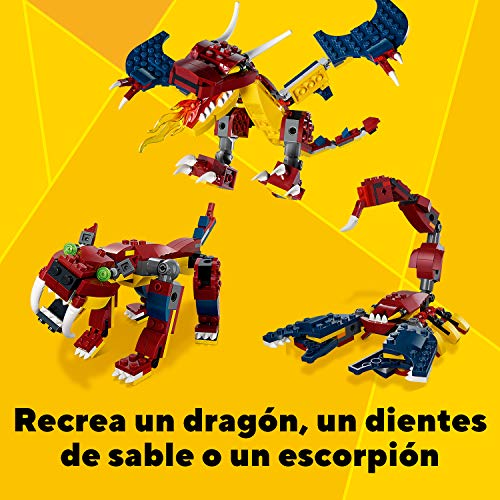 LEGO 31102 Creator Dragón Llameante Set de Construcción 3en1 Dientes de Sable o Escorpión para Niños y Niñas +7 años