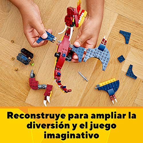 LEGO 31102 Creator Dragón Llameante Set de Construcción 3en1 Dientes de Sable o Escorpión para Niños y Niñas +7 años