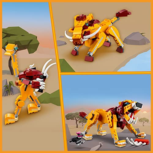 LEGO 31112 Creator 3en1 León Salvaje, Avestruz y Jabalí, Juguetes de Animales para Niños +7 Años con Figuras, Set de construcción
