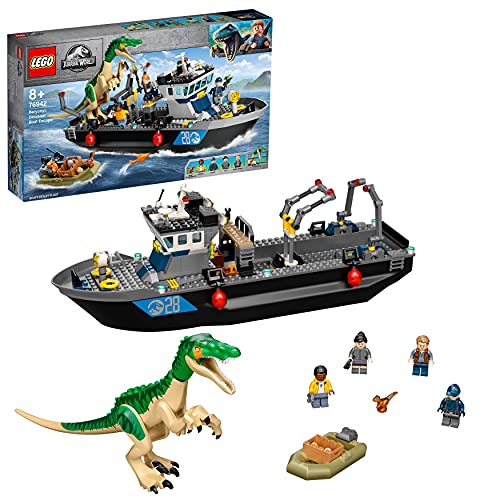 LEGO 76942 Jurassic World Fuga del Barco del Dinosaurio Baryonyx, Juguete con Barco y Lancha para Niños y Niñas +8 años