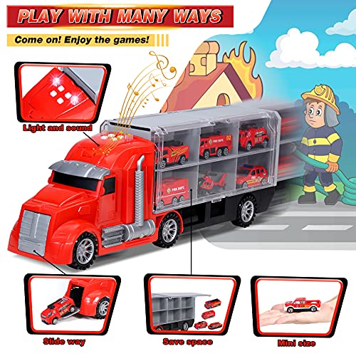 lenbest Camión de Juguete para Niños, Camión Transportador, Total de 11 Camión de Juguete, con Mapa y Dado y música y luz, Transportador Coches Regalos de Cumpleaños y Fiesta para Niños