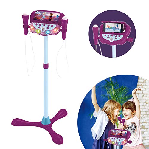 LEXIBOOK- Frozen Altavoz pie para niños, Juguete Musical, Altura Regulable, Efectos Luminosos, 2 microfónos incluidos, mp3, Enchufe Cable de Entrada Auxiliar, Violeta/Azul