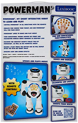 Lexibook ROB50EN Powerman - Robot de juguete con control remoto para caminar y hablar, danzas, canta, lee historias, cuestionario de matemáticas, discos de disparo y sonido de voz, blanco/negro