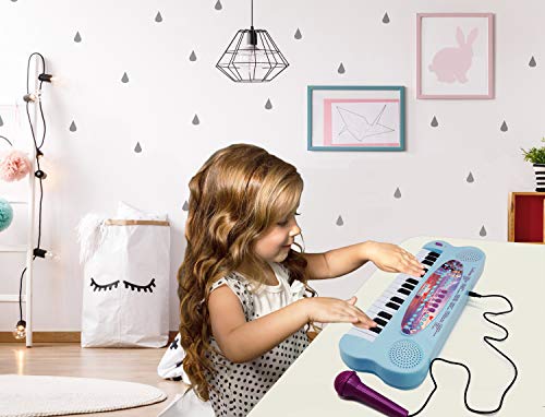 LEXIBOOK Teclado electrónico Frozen 2 Elsa Anna Olaf, piano de 32 teclas, Micrófono para cantar, 22 canciones de demostración, operado con batería, Azul Púrpura (K703FZ_50)