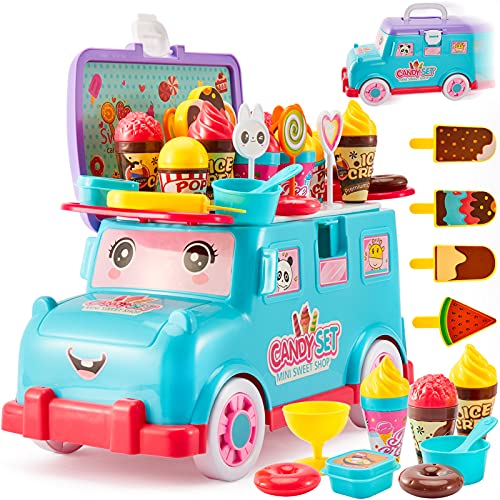 LINFUN KIDS Heladería de Juguete Juego de Helados Alimentos para Niñas Niños 3 4 5 Años Carrito de Helados Juego de Imitación para Niños