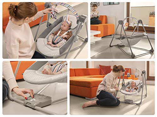 LIONELO Otto Columpio portátil para bebés hasta 9 kg, 5 velocidades de balanceo, Facilita el sueño, Fácil montaje, Arco de juguetes interactivos ajustable Gris