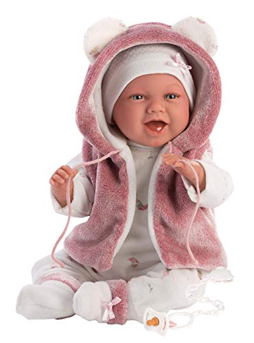 Llorens Muñeca Mimi, con Ojos Azules y Cuerpo Suave, muñeca de bebé con Traje Rosa, Chupete, Cadena para Chupete y Manta Suave con Bonitos Ojales, 42 cm, 1074070