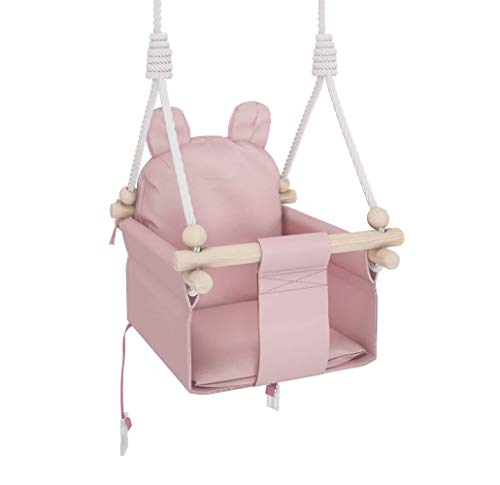 MAMOI Juego de columpio para bebé, columpio de madera, incluye cinturón de seguridad, ideal como columpio de bebé al aire libre, columpio de interior, columpio de jardín (rosa Teddybär)