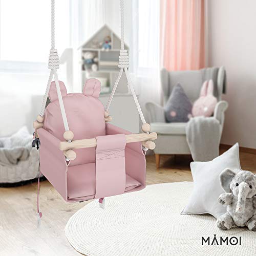 MAMOI Juego de columpio para bebé, columpio de madera, incluye cinturón de seguridad, ideal como columpio de bebé al aire libre, columpio de interior, columpio de jardín (rosa Teddybär)