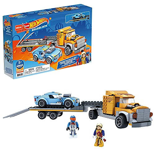Mega Construx Hot Wheels Camión de transporte y coche Vehículos de juguete de 180 bloques de construcción con 2 figuras Mattel GYG66