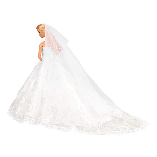 Miunana 1 Vestido de Novia con Velo Blanco Vestir Boda Ropa para Muñeca Ninas y 1 Novio Traje de Ropa con Negro para Ninos Muñeco