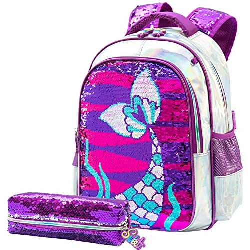 Mochila para niñas 2PCS con Estuche para lápices para niñas Sirena con Lentejuelas