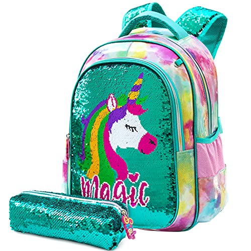 Mochila para niñas 2PCS con Estuche para lápices para niñas Unicornio con Lentejuelas
