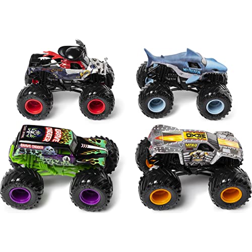Monster Jam , Coffret de 4 véhicules Land vs. Sea, Modèles assortis (Grave Digger, Max-D, Megalodon et Pirate's Curse) en métal moulé à l'échelle 1 64