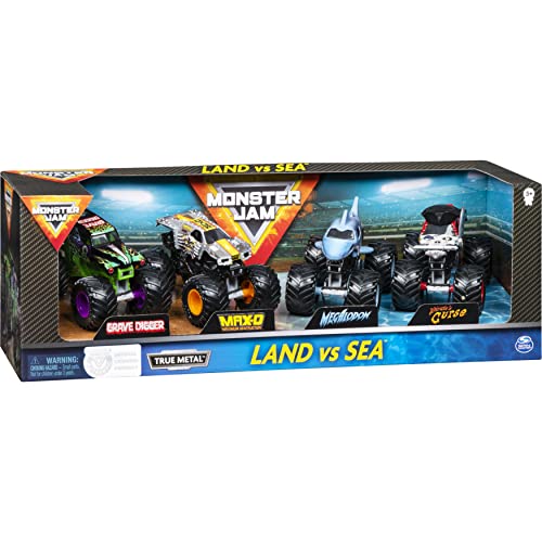 Monster Jam , Coffret de 4 véhicules Land vs. Sea, Modèles assortis (Grave Digger, Max-D, Megalodon et Pirate's Curse) en métal moulé à l'échelle 1 64