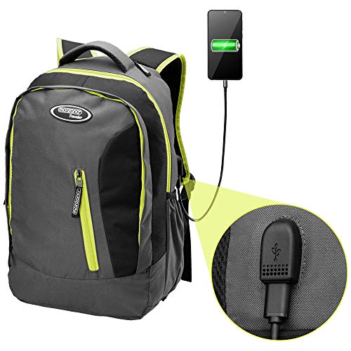 Monzana Mochila Deportiva 35L con Puerto USB Bolsa para Laptop Desmontable 48x22x33 Gris y Verde Ergonómica Transpirable