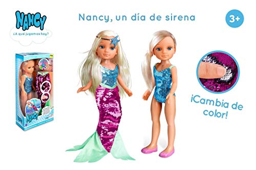 Nancy - Un Día de Sirena, Juguete Infantil muñeca con un bañador y un Vestido de Cola de Sirena de Lentejuelas Reversibles Que Cambia de Color, Sumergible en el Agua, Famosa (700014762)