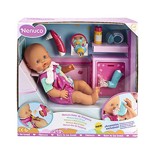 Nenuco - Dolor De Garganta, juega a cuidar a Nenuco malito, incluye accesorios divertidos con luz, sonido y olor como un termo-chupete se pone rojo cuando tiene fiebre y ropita. FAMOSA (700015152)