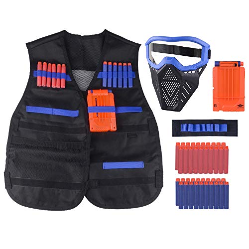 OFUN Táctico para Niños 44pcs, Chaleco táctico para niños para Pistolas Nerf N-Strike Elite con 40 Piezas de Balas de Dardos + 1 máscara + 1 Clips de liberación rápida + 1 Pulsera
