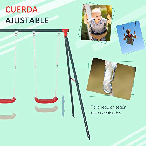 Outsunny Columpio Doble para Niños +3 Años con Soporte de Metal Juego de Columpio Infantil Cuerda Ajustable Exteriores Carga Máx. 40kg 220x160x180cm Verde Rojo