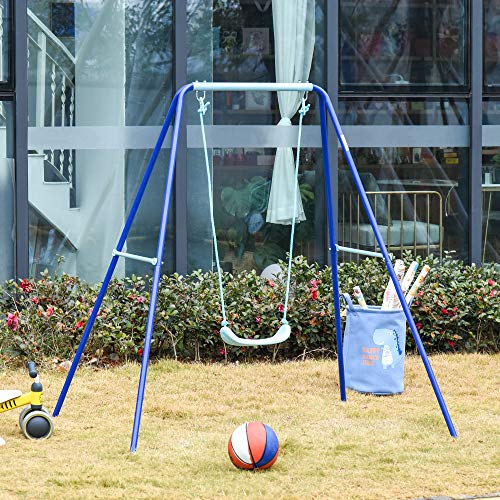 Outsunny Columpio Metal para Niños con Soporte +3 Años Juego de Columpio con Asiento y Cuerda Infantil para Jardín Patio Carga Máx. 30 kg 140x120x170 cm Azul