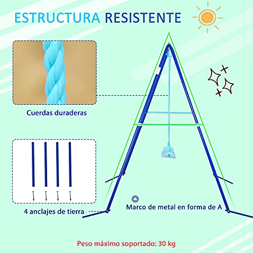 Outsunny Columpio Metal para Niños con Soporte +3 Años Juego de Columpio con Asiento y Cuerda Infantil para Jardín Patio Carga Máx. 30 kg 140x120x170 cm Azul